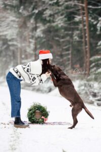 Was für ein perfektes Winterwunderland-Wetter! Bei tiefem Pulverschnee, einem wolkenlosen, blauen Himmel und einer strahlenden Sonne besuchte mich die liebe Svenja mit ihrem Hund Captain zu einem Weihnachtshundeshooting in einem Waldstück bei Bernhardswald. Hundefotos mit Claudia Link, Babyfotografin und Familienfotografin von Regensburg über Nittenau, Roding, bis Cham in der Oberpfalz.